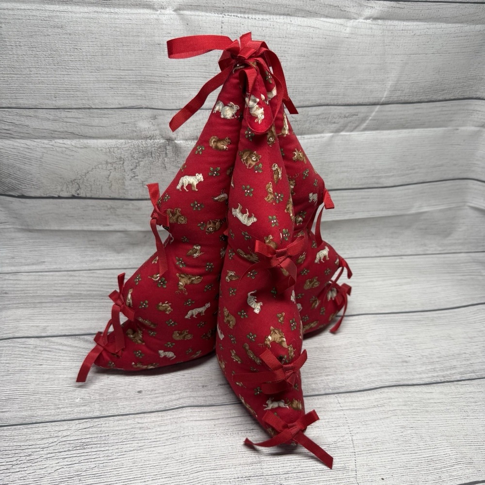 Vintage Plush Christmas Tree Fabric Stuffed 70's 80's Handmade 3D Sewn Red